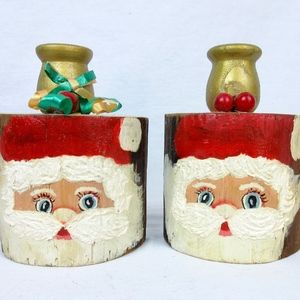 Vintage Folk Art Santa Claus Candle Holder Pair